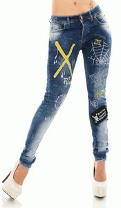 Crazy Röhren-Jeans im Used-Look mit Gothic Patches in dark blue Jeansgröße - W33