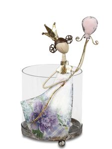 Windlicht Prinzessin mit Krone Ballon und Blumenkleid weiß/flieder | Metall Figur | 23x12 cm