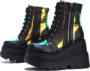 ASKSA Damen Plaftorm Stiefeletten Ankle Boots Stiefel Reißverschluss Chunky Heel Schuhe, Schwarz, Größe: 42