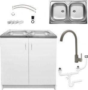 Stamar | Küchenunterschrank, mit Spüle, 80 cm, zwei Spülkammern, Weiße, mit Armatur und Siphon