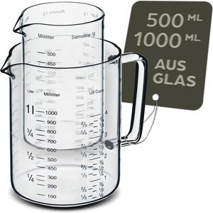 Glas Messbecher mit Ausguss - 1L & 500ml - Hitzebeständig & Mikrowellengeeignet - Präzise Skala - Ideal zum Backen, Kochen und Mischen
