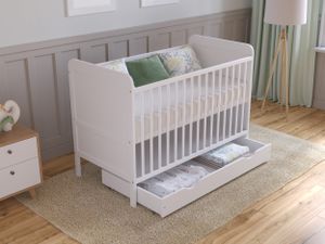 Babybett Beistellbett 120x60 cm mit Schublade & Matratze - Kinderbett Gitterbett Baby Bett Holz Weiß,Umwandelbar in Juniorbett