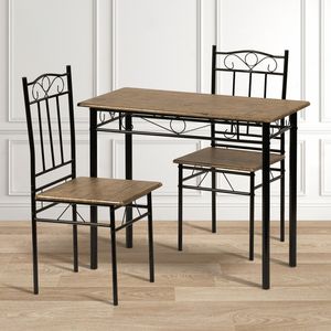 Sada stolu a 2 židlí DORAFAIR, stůl a židle s tmavou kresbou dřeva, černé kovové nohy
