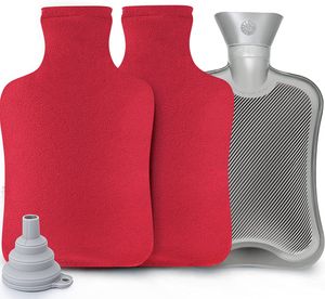 Wärmflasche mit Bezug 2 Liter, Wärmeflasche Set Weich Wärmflasche Groß Kinder Wärmflaschen für Nacken und Schulter, Bettflasche, Nackenwärmflasche, Rot