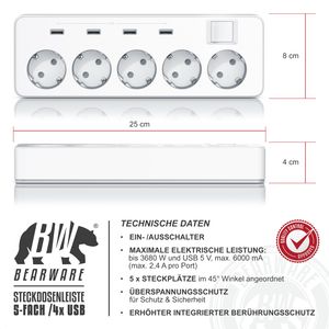 BEARWARE Steckdosenleiste Mehrfachsteckdose Steckerleiste 3680W, 5-fach
