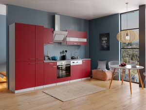 respekta Küche Küchenzeile Küchenblock 310cm weiß rot Kühlkombi Designhaube