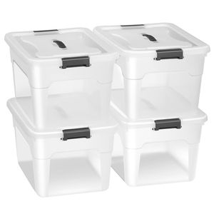 Juskys Aufbewahrungsbox mit Deckel - 4er Set Kunststoff Boxen 30l - Box groß, stapelbar, transparent - Aufbewahrung Ordnungssystem Aufbewahrungsboxen