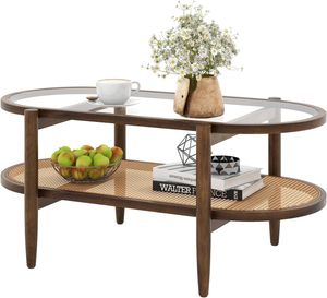 COSTWAY Couchtisch, Beistelltisch mit Glas Tischplatte & Rattan Ablage, Wohnzimmertisch mit Holzbeinen & Holzrahmen, Kaffeetisch für Wohnzimmer, Büro, 102 x 56 x 47 cm