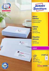 Avery Zweckform L7160-100 Adress-Etiketten, 63,5 x 38,1 mm, Geeignet für Deutsche Post INTERNETMARKE, 100 Blatt/2.100 Etiketten, weiß