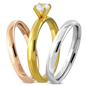 Damen-Ring Edelstahl Solitärring Zirkonia Kristall 3-farbig Triple Dreierring 3 in 1 Bandring Autiga® silber-gold-rosegold 62 - Ø 19,76 mm