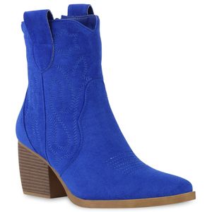 VAN HILL Damen Stiefeletten Cowboy Boots Trichterabsatz Stickereien Schuhe 837779, Farbe: Blau Velours, Größe: 38