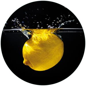 Wallario Premium Glasbild, freischwebende Optik, kräftige Farben, rund 50cm Durchmesser, Motiv Zitrone im Wasser - Frisches Obst für die Küche