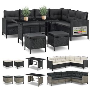 Juskys Polyrattan Lounge Manacor - Sofa, Tisch, Hocker & Kissen - Schwarz & Grau