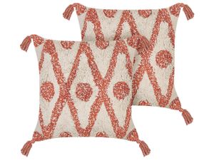 BELIANI Dekokissen 2er Set Beige und Orange Baumwolle 45 x 45 cm Bezug mit Füllung Reißverschluss Geometrisches Muster Boho Modern Wohnzimmer Deko