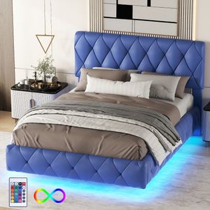 Merax Polsterbett 140x200cm mit LED-Leuchtung und höhenverstellbarem Kopfteil, Schwebebett Kunstleder Doppelbett Jugendbett, Blau