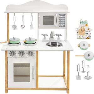 Kinderküche, Spielküche aus Holz mit Zubehör Backofen, Mikrowelle, Holzküche Kinderspielküche in Weiß