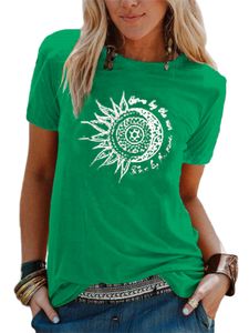 Damen T-Shirts Sommer Tshirts Sonne und Mond Print Oberteile Lose Rundhals Kurzarm Bluse Grün1,Größe 4XL