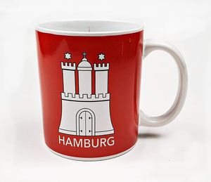 Hamburg Becher Skyline mit Hamburger Wappen rot Kaffeebecher Kaffeetasse Kaffee Pott