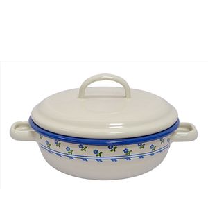 Emaille Bauernschüssel mit Deckel, Schüssel, Suppenschüssel Creme Blümchen 16 cm