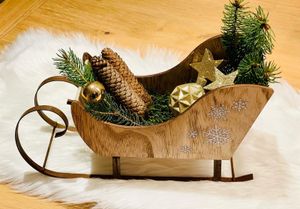 Schlitten "Schneeflocke" im Retro Design aus Holz, 32 cm lang, Weihnachtsdeko, Holzschlitten