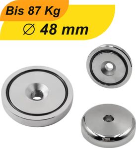 10 Stück Neodym Topfmagnet mit Senkbohrung Ø 48 mm – Haltekraft ca. 87 kg – Gewinde M6 – Beschichtung: NiCuNi