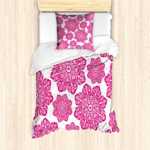 ABAKUHAUS Hot Pink Mantele, Eastern Entwurf, Milbensicher Allergiker geeignet mit Kissenbezügen, 135 cm x 200 cm - 80 x 80 cm, Pink Weiß