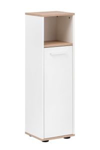 BadeDu ARC Midischrank mit verchromtem Griff  Schrank für das Badezimmer (30 cm x 103,5 cm x 28 cm)  Badschrank schmal aus Holz in Weiß und Eiche