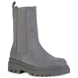 VAN HILL Damen Stiefel Plateaustiefel Blockabsatz Boots Profil-Sohle Schuhe 837783, Farbe: Grau Velours, Größe: 36