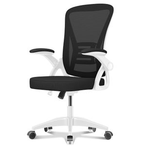 Kancelářská židle - Ergonomický sedák - Křeslo s 90° sklopnou područkou - Bederní opěrka - Výškově nastavitelná - černá a bílá