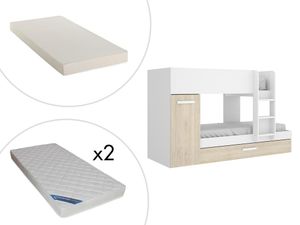Etagenbett Ausziehbett mit Stauraum + Matratzen - 3 x 90 x 190 cm - Weiß & Naturfarben - ANTHONY