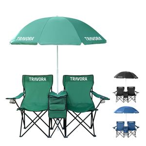2er Partner Anglerstuhl Campingstuhl mit Sonnenschirm und Kühlfach, Farbe:Grün