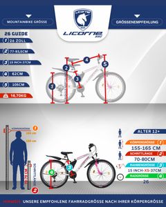 Licorne Bike Guide Premium Mountainbike in 20, 24 und 26 Zoll - Fahrrad für Mädchen, Jungen, Herren und Damen - Shimano 21 Gang-Schaltung, Kinderfahrrad, Kinder, Farbe:Weiß/Rosa, Zoll:26