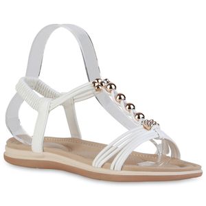 VAN HILL Damen Sandalen Riemchensandalen Zierperlen Sommer-Schuhe 838480, Farbe: Weiß, Größe: 40