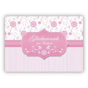 Nette Hochzeitskarte als Glückwunsch zur Hochzeit mit Blümchen und Streifen, rosa: Glückwunsch zur Hochzeit
