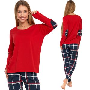 Moraj Damen Schlafanzug Langarm + Pyjamahose 4000-003, Farbe: Rot/Dunkelblau, Große: XL