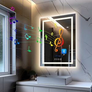 WISFOR LED Badspiegel mit Bluetooth Lautsprecher, 70×90cm Badezimmerspiegel mit Beleuchtung 3 Lichtfarbe, LED Wandspiegel dimmbar beschlagfrei