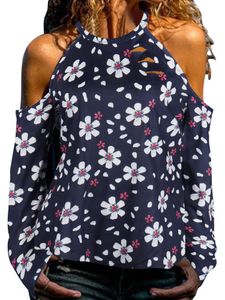 Damen Langarmshirts florale Druck T-Shirt Loungewear Riemchen Tops Freizeit Rund-Ausschnitt Bluse, Farbe:Dunkelblau, Größe:S