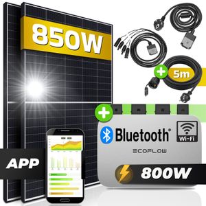 SUNNIVA® Balkonkraftwerk 850/800W Solaranlage mit Ecoflow Micro Wechselrichter Wifi & Bluetooth, upgradebar drosselbar, 5m Kabel
