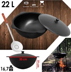 Żeliwny garnek kempingowy Kazan 22L okrągły NAMANGAN z pokrywką Kazan Czajnik WOK camping BBQ Asia skimmer