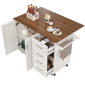 Kücheninsel mit klappbarer Arbeitsplatte, Buffet-Schrank mit verstellbare Regale, 4 Schubladen, großes Staufach, drehbare feststellbare Rollen, Weiß
