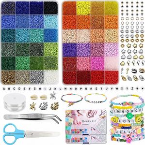 17455 Stück, 56 Farben 3mm Perlen für Armbänder Rocailles Perlen Set Perlen zum Auffädeln, Glasperlen zum Auffädeln, Perlenset für Halsketten, Ringe, Ohrringe, Schmuckherstellung mit 655 Zubehör Buchstaben