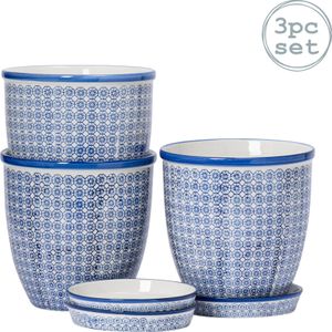 Nicola Spring 3 Stück Hand Printed Blumentopf mit Untertasse Set - Porzellanblumentöpfe und Tropfschale - Navy - 20 x 20,5 cm