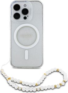 Guess, Pouzdro pro iPhone 16 Pro MagSafe s třpytkami a stuhou, průhledné
