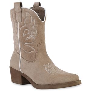 VAN HILL Damen Stiefeletten Cowboy Boots Stickereien Schuhe 840203, Farbe: Khaki Velours, Größe: 38