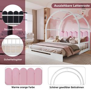 Merax Kinderbett 140x100cm/140x200cm Ausziehbett Erweiterbares Hausbett mit Rausfallschutz und Bogenförmigen Dach, Massivholz Einzel- und Doppelbett Kinderhaus