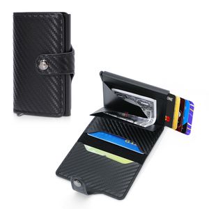 RFID Kartenetui herren Echtleder+Aluminium, Geldbörse Slim Wallet mit Münzfach RFID Schutz 6 Kartenfächern Automatisch Pop Up kreditkartenetui-Schwarz