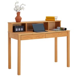 Schreibtisch LENNOX, schöner Computertisch mit 3 Nischen, praktischer PC Tisch mit 2 Schubladen, zeitloser Computertisch aus massiver Kiefer in braun