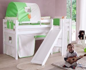 Hochbett ELIYAS Kinderbett mit Rutsche Spielbett Bett Weiß Stoffset Indianer, Matratze:ohne