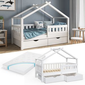 VitaliSpa Design Kinderbett Hausbett Holzbett mit Schublade 80x160cm Holz Weiß + Matratze