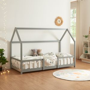 Kinderbett ’Sisimiut’ in Haus-Optik mit Rausfallschutz Kiefernholz 90 x 200 cm Hellgrau / Weiß